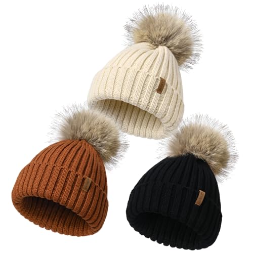 Kids Winter Hat Toddler Stretchy Knitted Beanie with Faux Fur Pom