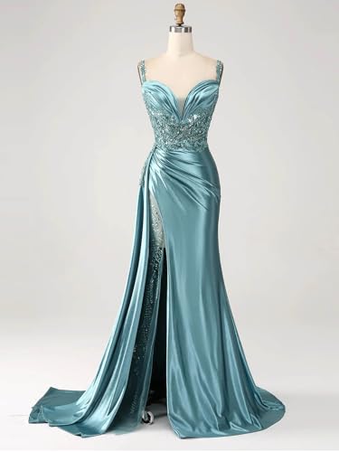 SOLODISH Spaghetti Straps Satin Mermaid Prom Dresses Long Lace Applique Formal Evening Gown2
