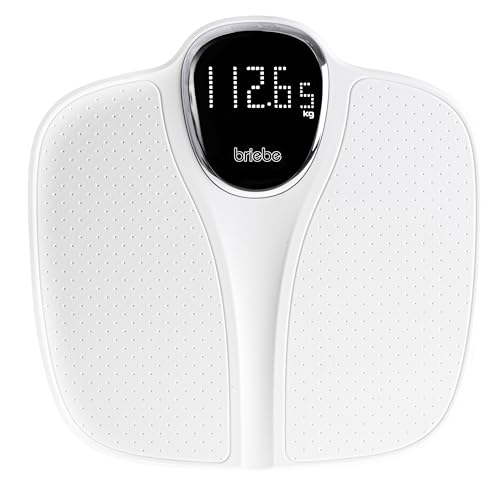 briebe Báscula de Baño Digital, Alta Precisión, Pantalla LCD, hasta 180Kg, Diseño Moderno, Encendido y Apagado Automático, Superficie Antideslizante, Modo Pesaje Bebés, Blanco, SC1125W