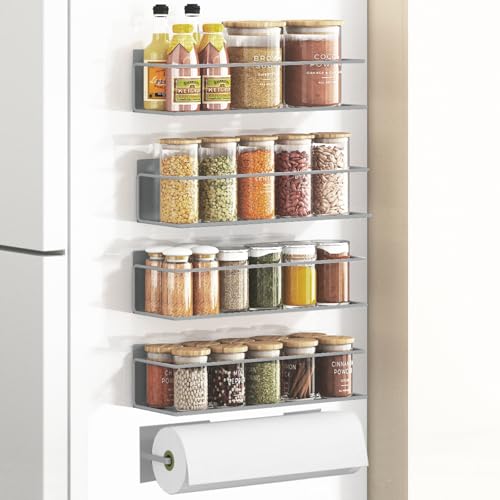 Image of Magnetic Spice Rack For Refrigerator, Space Saving Magnetic Shelf For Fridge Grey 4 Pack With Magnetic Paper Towel Holder