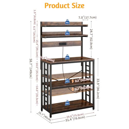 Image of Baker's Rack with Power Outlet, 5-Tier Adjustable Shelf with Storage, Brown | LED Lights,Kitchen Coffee Bar Storage,Microwave Stand with Storage,Spice Organizer for Kitchen, Dining Room and Office