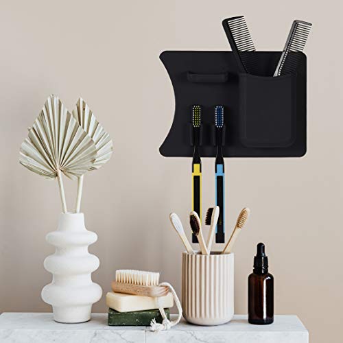 Frafuo Shower Toothbrush Holders For Bathrooms-Couples Black Toothbrush Holder For Shower-Waterproof Holes In Bottom+Small Shelf For Jewelry&Ring-Reusable Silicone Toothbrush Holder Wall Mounted #TOP7