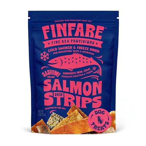 Finfare Freeze Dried Salmon Skin Treats for Dogs Protein & Omega-3s Grain Free Salmon Dog Training Treats Crafted in USA Strips - 2oz