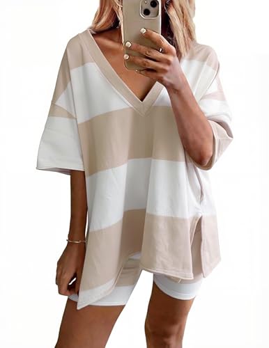 Image of Ekouaer Womens Pajamas 2 Piece Lounge Sets Oversized V Neck T-Shirts Tops Biker Shorts Set Workout Reversible Tracksuit S-XXL