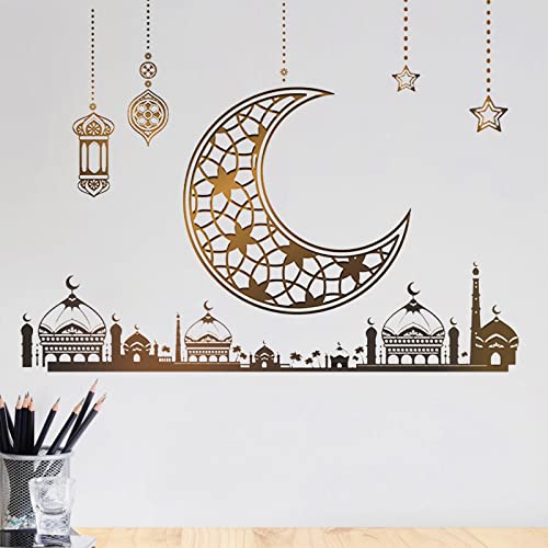 Ramadan Autocollant Mural, Ramadan Stickers Muraux Décoration, Eid Ramadan Mubarak Décoration Murale, PVC Sticker Mural Etoile Lanterne Lune Autocollant Miroir Islamique Décoration