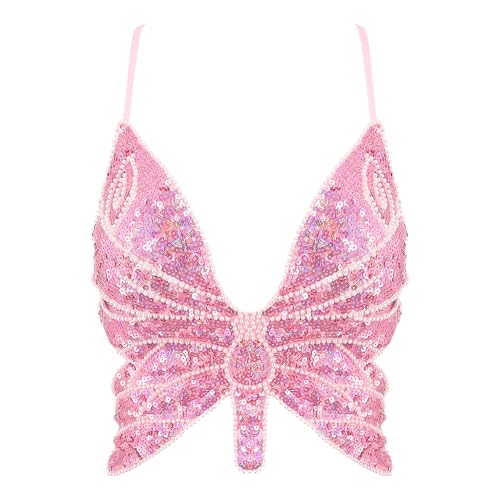 Hoohu Womens Indian Belly Dance Costumes Performance Outfits Butterfly Bandage Padded Bra Sequin Pearl Embroidery Tank Top