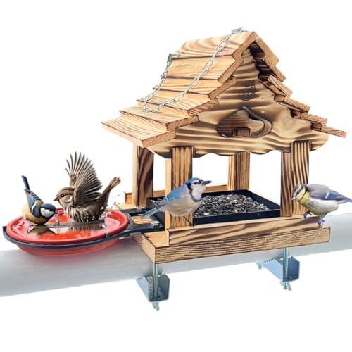 STAFECO Vogelfutterhaus Vogelhaus für Balkon Vogeltränke wetterfest Futterhaus balkongeländer Holz imprägniert Handarbeit Gartenvögel im Garten Balkonhalterung (Bausatz 3)