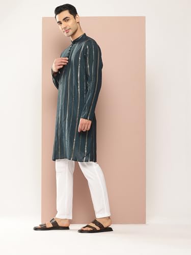 Image of See Designs Men's Long Sleeve Side Slit Chanderi Silk Sequins Mandarin Collar Kurta
