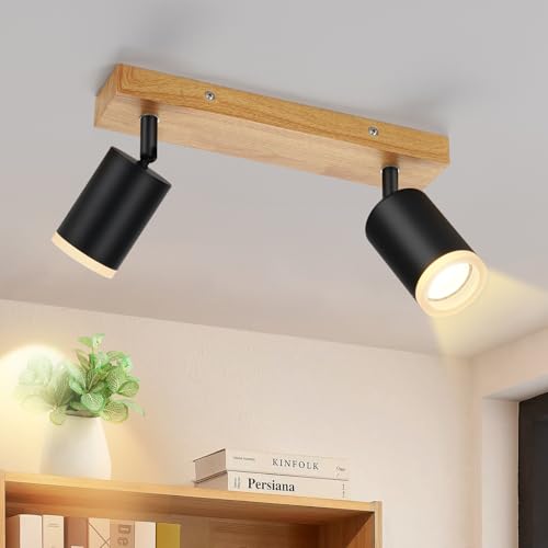 ZMH - Foco de techo negro con 2 llamas, lámpara de cocina GU10, de madera, foco de pared 350°, giratorio, vintage, para salón, dormitorio, cocina, (sin bombillas)