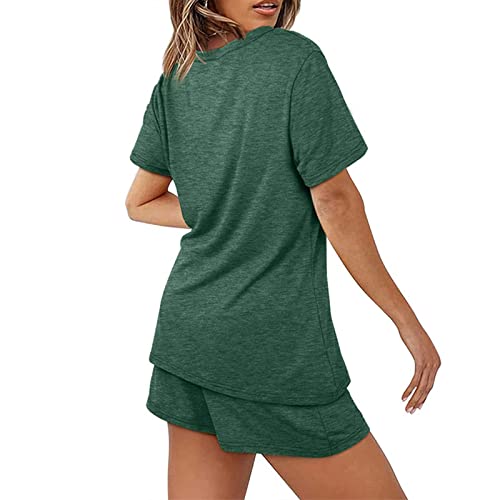 Conjunto feminino de duas peças, blusa e shorts de cor lisa com bolsos, Verde, P
