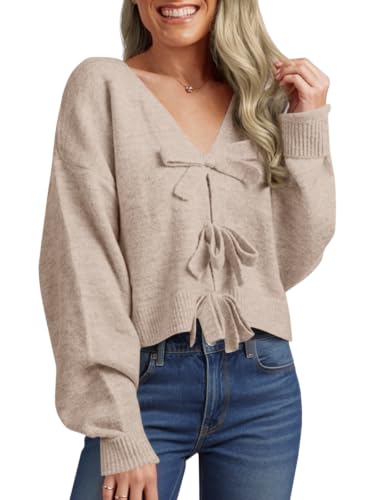 Image of Saodimallsu Womens Bow Sweater Cropped V Neck Long Sleeve Pullover Tops | Soft Cozy Knit, Two-Way Wear Design, Front & Back Bow, Cute Fall Tops 2026, Winter Fashion, Dressy Casual Holiday Outfits