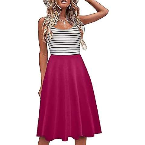 SANCABA Sleeveless Midi Dress Tank A-Line Dress Casual Striped Printed Summer Beach Flowy Sundress Hot Pink Cover
