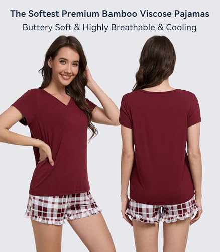 Image of WiWi Womens Pajamas Set Bamboo Viscose Super Soft Short Sleeve Top Ruffle Shorts Sleepwear Cooling Pj Sets S-XXL
