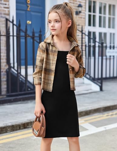 Arshiner Girls Dresses 2 Piece Outfit Cami Dress with Crop Button Up Blouse Shirt Clothing for 5-12 Years3