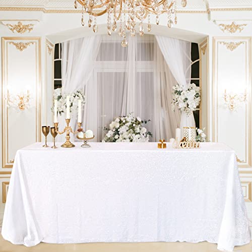 Image of B-COOL White Sequin Tablecloth Overlay 90x132 inch Sequined Tablecloths Shiny Tablecloth for Birthday Bridal Shower Christmas Outdoor Decoration