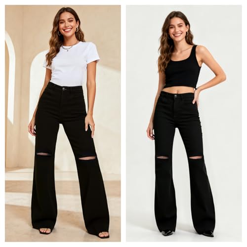 Women's High-Waisted Ripped Wide-Leg Jeans with Stretch - Curvy-Friendly & Comfortable3