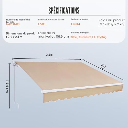Auvent rétractable résistant au vent et UV avec toile polyester inclinable - 8