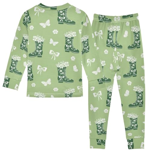 Pajama Sets Long Sleeve Green Boots Bow Flowers Soft Comfy Sleepwear 2 Piece PJS 3-8T3
