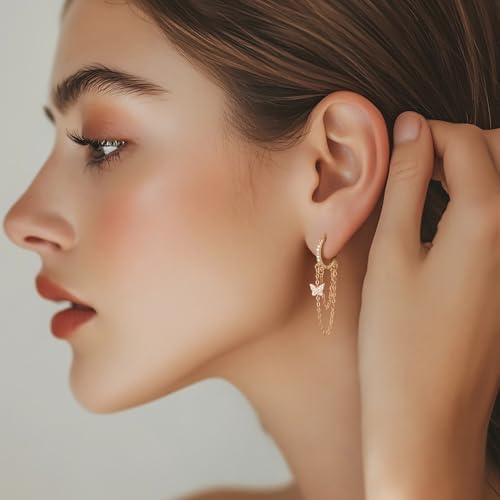 Gold Butterfly Earrings 14K Gold Hoop Earrings for Women Dangle Hoop Earring Tassel Chain and Cubic Zircon Wedding Butterfly Earring for Women2