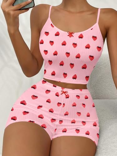 Image of Hilinker Womens Graphic 2 Piece Pajama Set Summer Cute Crop Cami and Shorts Ribbed Lounge Sets