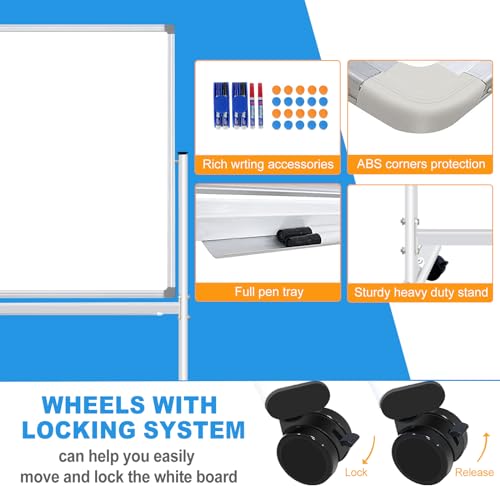 BSTPCOO Double-Sided Rolling Whiteboard on Wheels 72"x40", Large Magnetic Mobile Whiteboard with Stands, 6' x 3' Portable Dry Erase Board with Stand Up White Board with 2 Eraser, 6 Markers, 20 Magnets - Thumbnail 4