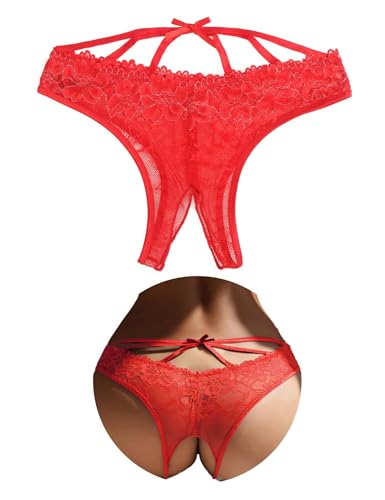 comeondear Tanga Fendue Femme String Ouvert Sexy Chic Dentelle Rouge,XL