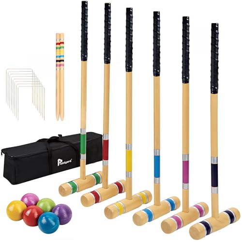 Pointyard Six Player Croquet Set with Anti-Slip Handle - 28 in Rubber Wood Mallets Colored Balls & Sturdy Carrying Bag Portable Backyard Lawn Party Garden Outdoor Game for Family Adults Seniors Teens