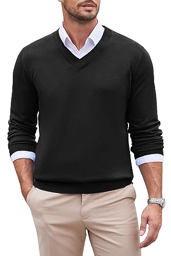 COOFANDY Pullover Herren V Ausschnitt Strickpullover Herrenpullover Langarm Regular Fit Feinstrick Pulli Casual Business Winterpullover Sweater Einfarbig Schwarz L