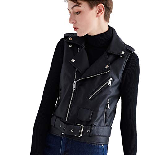Women Leather Vest Motorcycle Biker Classic Faux Cowhide Carry Vintage Vest with Adjustable Belt (Large, Black)