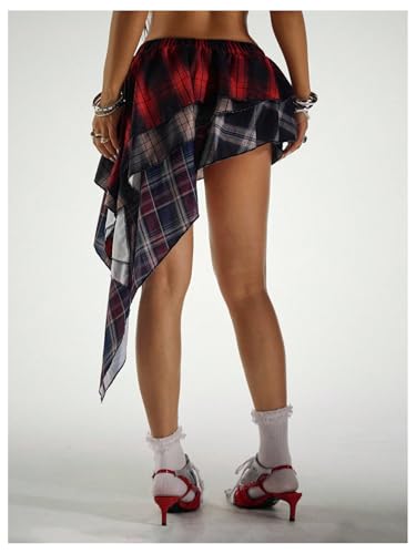 Floerns Women's Y2k Plaid Asymmetrical Skirt Elastic Waist Layered Ruffle Belted Skirts2
