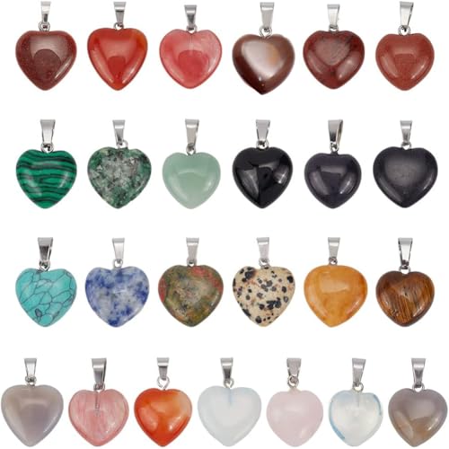 PH PandaHall 25pcs Heart Stone Charms, Crystal Chakra Stone Pendant Love Heart Shape Quartz Gemstone...