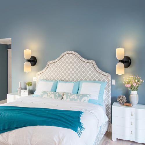 Image of Black Wall Sconces Set of Two Modern LED Bedside Reading Wall Light Fixture with Glass Wall Lamp for Bedroom Living Room Dining Room Reading Room Hallway(2-Light)