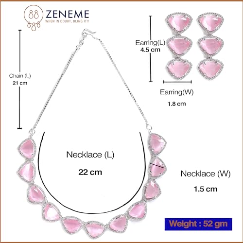 Image of ZENEME Rhodium Plated Silver Toned Triangular Shaped American Diamond Studded Jewellery Set For Women and Girl
