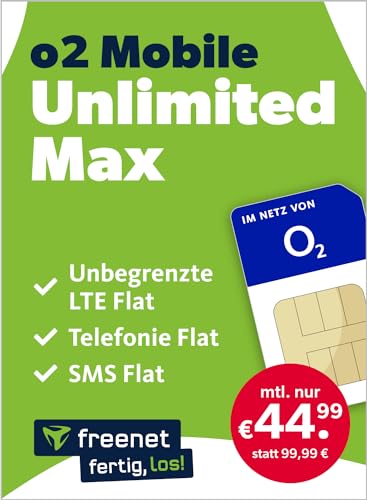 freenet o2 Mobile Unlimited Max – Handyvertrag mit Internet Flat, Flat Telefonie und SMS und EU-Roaming – In alle deutschen...