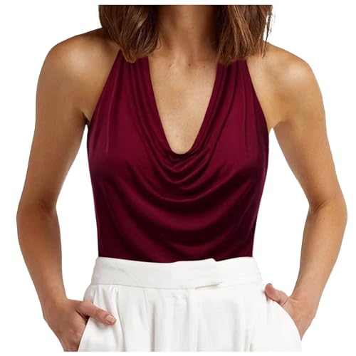 Débardeurs habillés en satin de soie pour femme - Débardeurs basiques décontractés pour le travail, les affaires, les sorties, sans manches, col en V froncé, coupe ample, col bénitier tendance, RD1