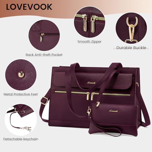 Image of LOVEVOOK Laptop Tote for Women - 15.6 Inch Professional Leather Computer Briefcase, Waterproof Shoulder Bag, Large Capacity Business Teacher Office Bag, Crossbody Purse - Fuchsia
