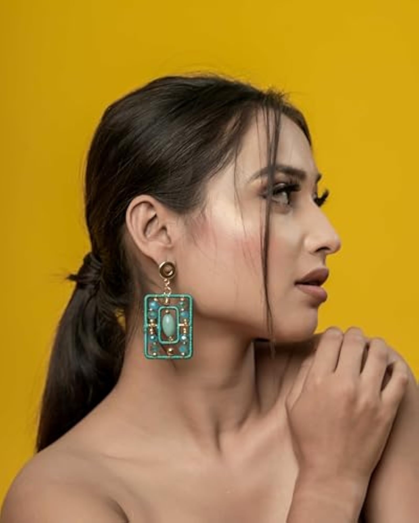 Women's Turquoise Cotton Thread & Crystal Beaded Earrings