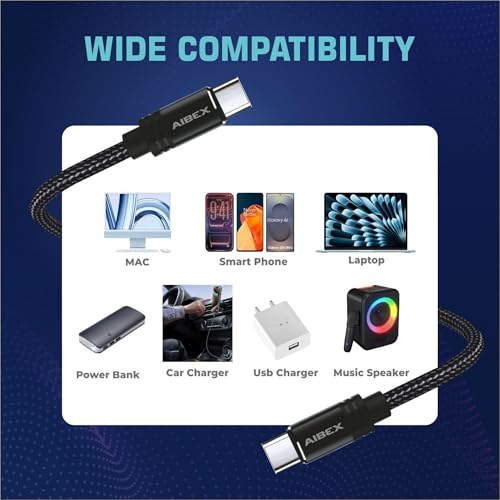 Image of AIBEX 100W USB C to USB C Cable 1M, Type C Fast Charging Cable Compatible with iPhone 17 /17 Plus /17 Pro /17 Pro Max,16 Series, Galaxy S25 Ultra,S24 /S23 /S22, Car Play, MacBook, i Pad, Pixel (M90, Black)