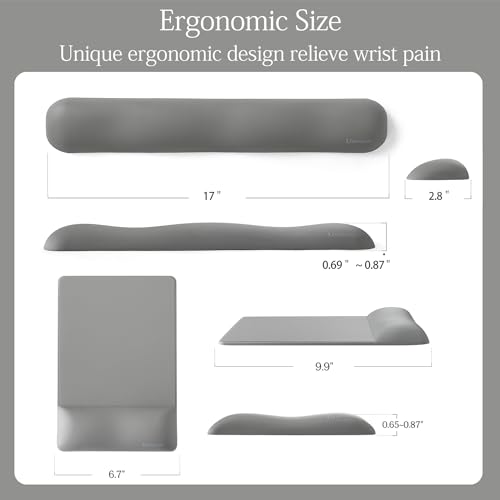 Image of UnivoColors Design-Wave Set of Keyboad Wrist Rest & Mouce Pad,Artificial Sheepskin+Memory Foam+Ergonomic+Anti-Slip Gel, Resilience Support During Work and Gaming,Keyboard Accessory,Grey