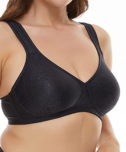 Image of Wingslove Women's Front Closure Minimizer Bra Full Coverage Wirefree Comfort Plus Size Racerback Jacquard Non Padded (Black,48DDD)