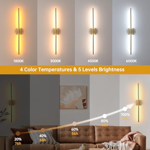 Image of Shenmoyl Battery Operated Wall Sconce Set of 2, 10000mAh Rechargeable Wall Sconces with Detachable Battery, Indoor 350Rotate Wall Lights for Bedroom Living Room, Gold, 31.5 Inch
