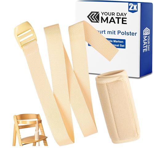 Schrittgurt und Gurtschoner Set für Hochstuhl, 2 Pack, Beige, Gurtriemen kompatibel mit Hauck Alpha Beta, Stokke Tripp Trapp, roba Sit Up, weicher Neopren Bezug, Gurtpolster Schritt Gurt Kinderstuhl