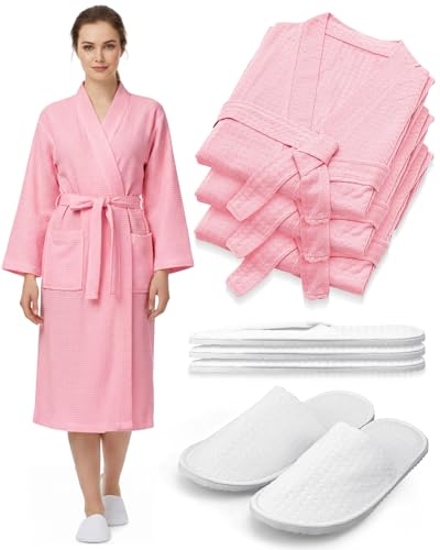 Image of Jecery Waffle Bathrobe and Slippers Bulk Set Spa Robes Hotel Bath Lightweight Thin Commercial Soft for House Shower Party