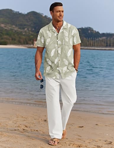 Image of COOFANDY Men 2 Piece Linen Outfit Beach Button Down Shirt Casual Loose Pant Sets