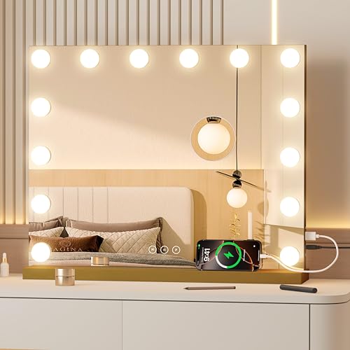 Image of Vanity Mirror with Lights 19.7''x16.6'' Makeup Mirror with Lights Lighted Up Mirror with Dimmable LED Bulbs,3 Color Lighting Modes,USB Charging Port Touch Control,Sturdy Metal Frame Design,Gold