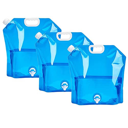 Oneshlee Lot De 3 Jerrican Eau Pliable Avec Robinet, Bidon Eau Pliable Avec Robinet, Sac Souple Reservoir D Eau Potable Empilable Sans Bpa, Pour Alimentaire Bivouac Camping Car Van Camion (Bleu 5L) Cover