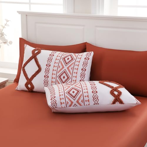 Image of MOVE OVER 7 Pieces Burnt Orange Tufted Bed in a Bag King Size Boho Chic Farmhouse Bedding Set Soft Microfiber Ethnic Aztec Comforter Sets for Bedroom Mid-Century Bohemian Bedding Comforter Set