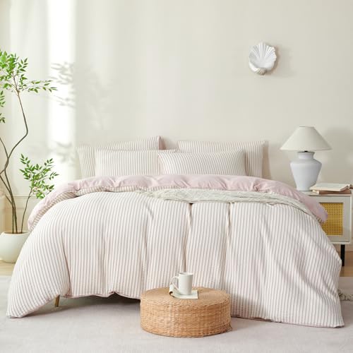 Image of Grayish Pink Striped Comforter Set Queen - 3 Pieces Bedding Comforter Set for All Season, Soft Lightweight Washed Microfiber, 1 Striped Comforter and 2 Pillowcases (Grayish Pink, Queen Size)