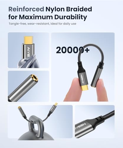 Image of USB C to 3.5mm Audio Adapter Cable, DAC Chip, Nylon Braided Type-C to Aux Stereo Converter with Gold-Plated Connector, Hi-Res Sound, 13cm - Grey