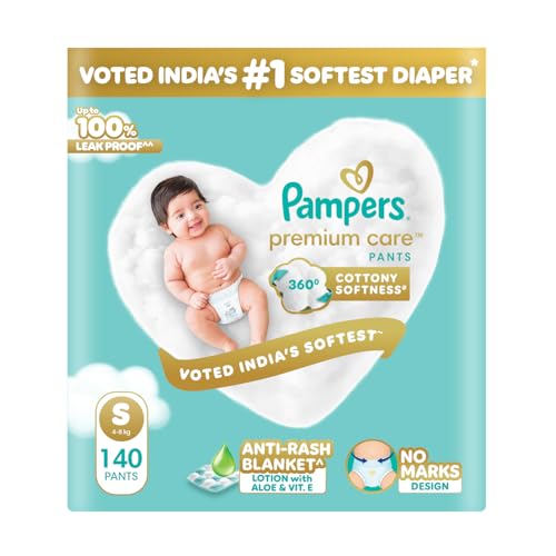 Image of Pampers Premium Care Diaper | Pant Style Baby Diapers Small Size, 140 Count | 360 Cotton Softness Diaper |Anti Rash Diaper with Aloe Vera and 100% Leak Proof Protection | (70 Count, Pack of 2)